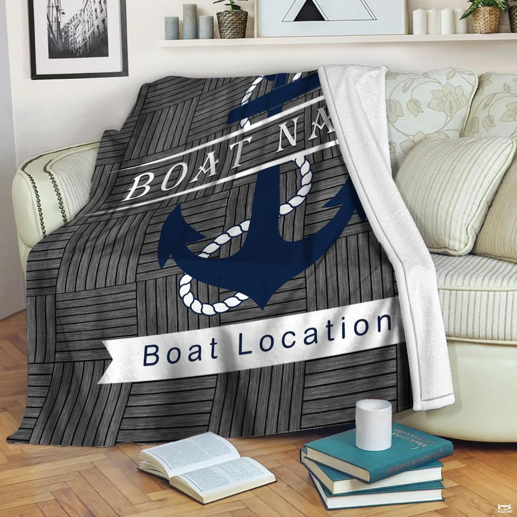 Nautical anchor rustic wood throw blanket view 3 highlighting navy anchor, rope trim, and wood textures