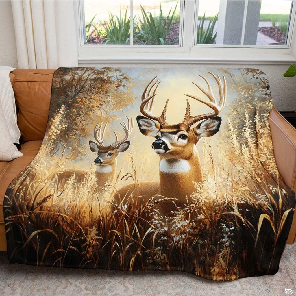 Rustic deer wildlife throw blanket styled over armchair in bedroom