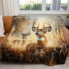 Rustic deer wildlife throw blanket styled over armchair in bedroom