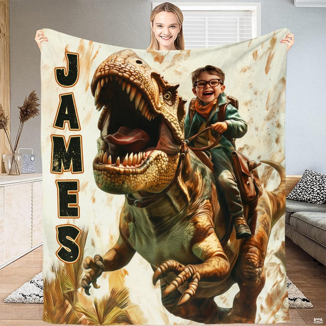 Person displaying the dinosaur rider graphic print with vertical lettering.