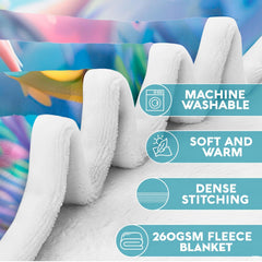 Edge stitching and folded corner detail of ocean themed throw blanket