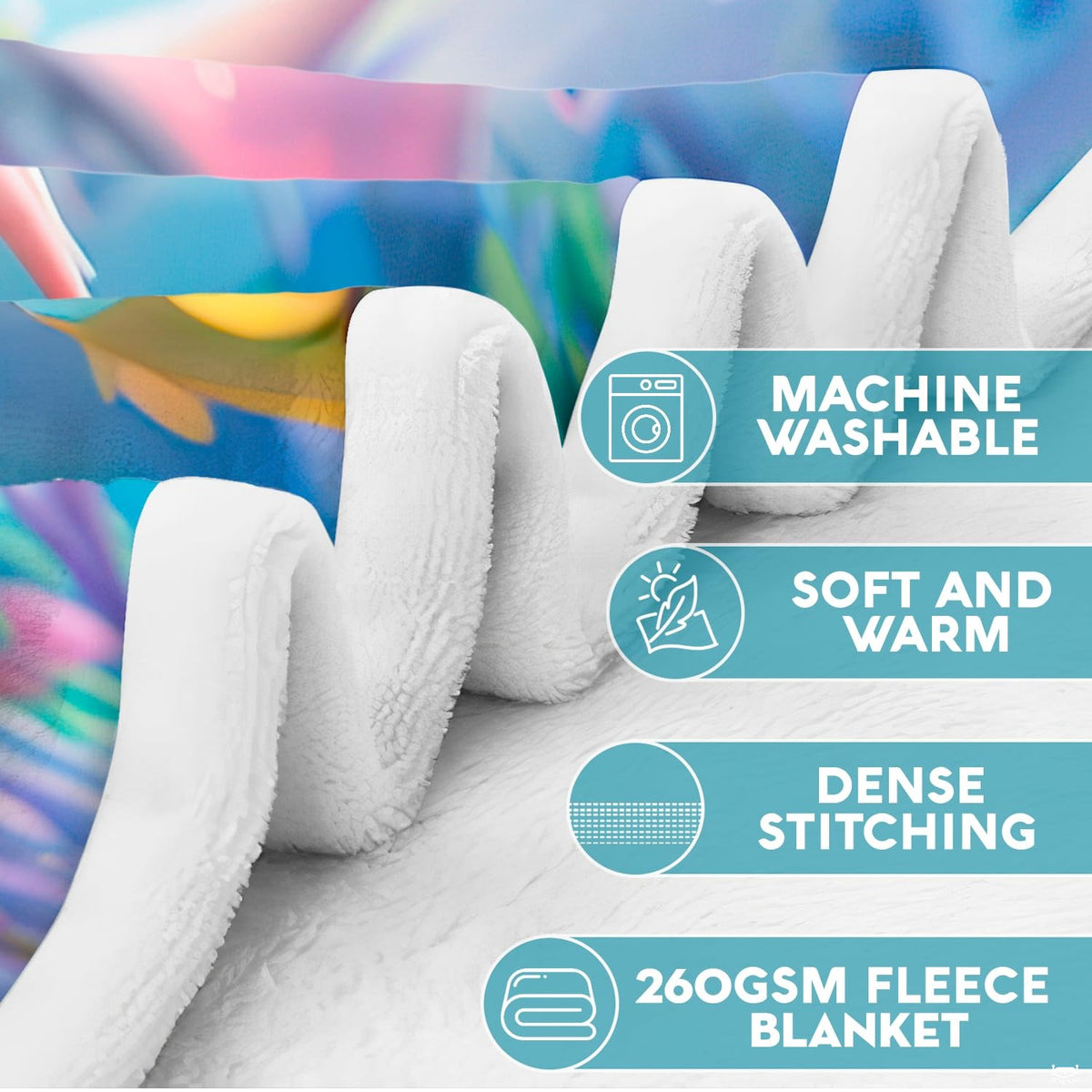 Edge stitching and folded corner detail of ocean themed throw blanket