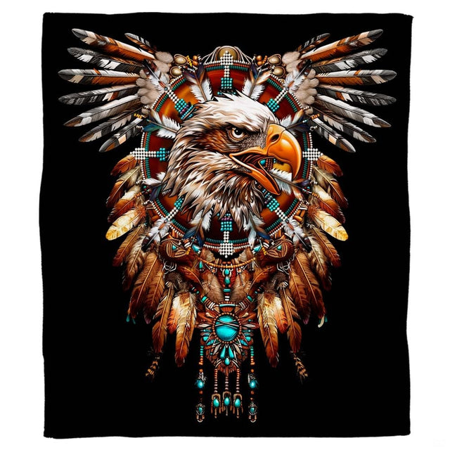 Tribal bald eagle feather medallion throw blanket view 2 highlighting plumage artwork and cabin room styling