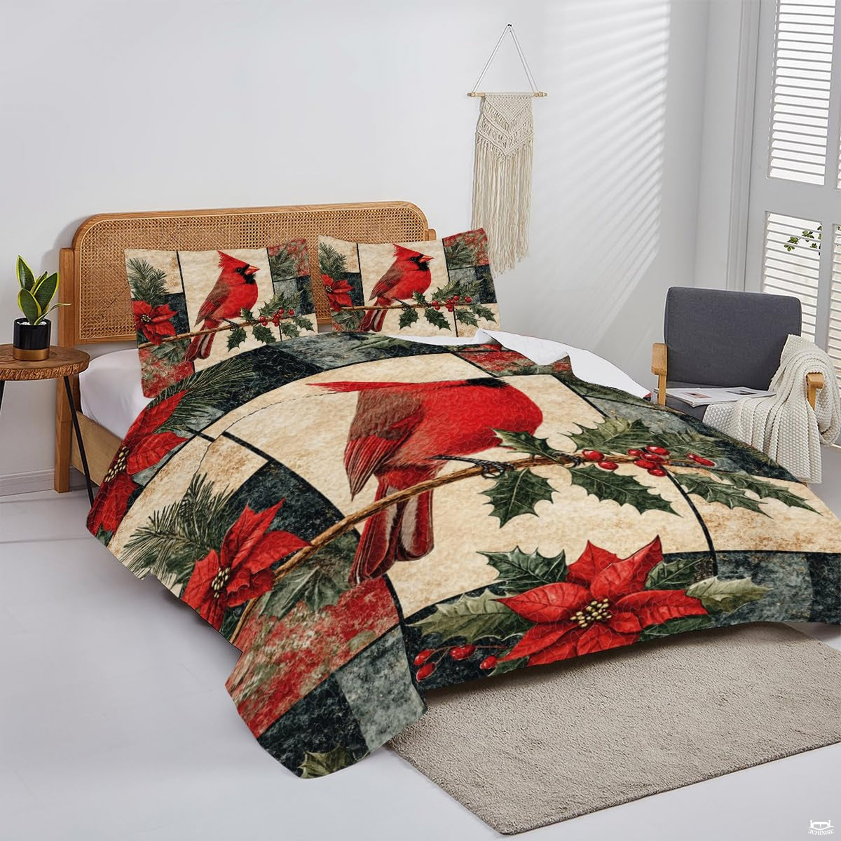 Parchment texture border detail with poinsettia motifs and holly berry accents in scarlet and green.