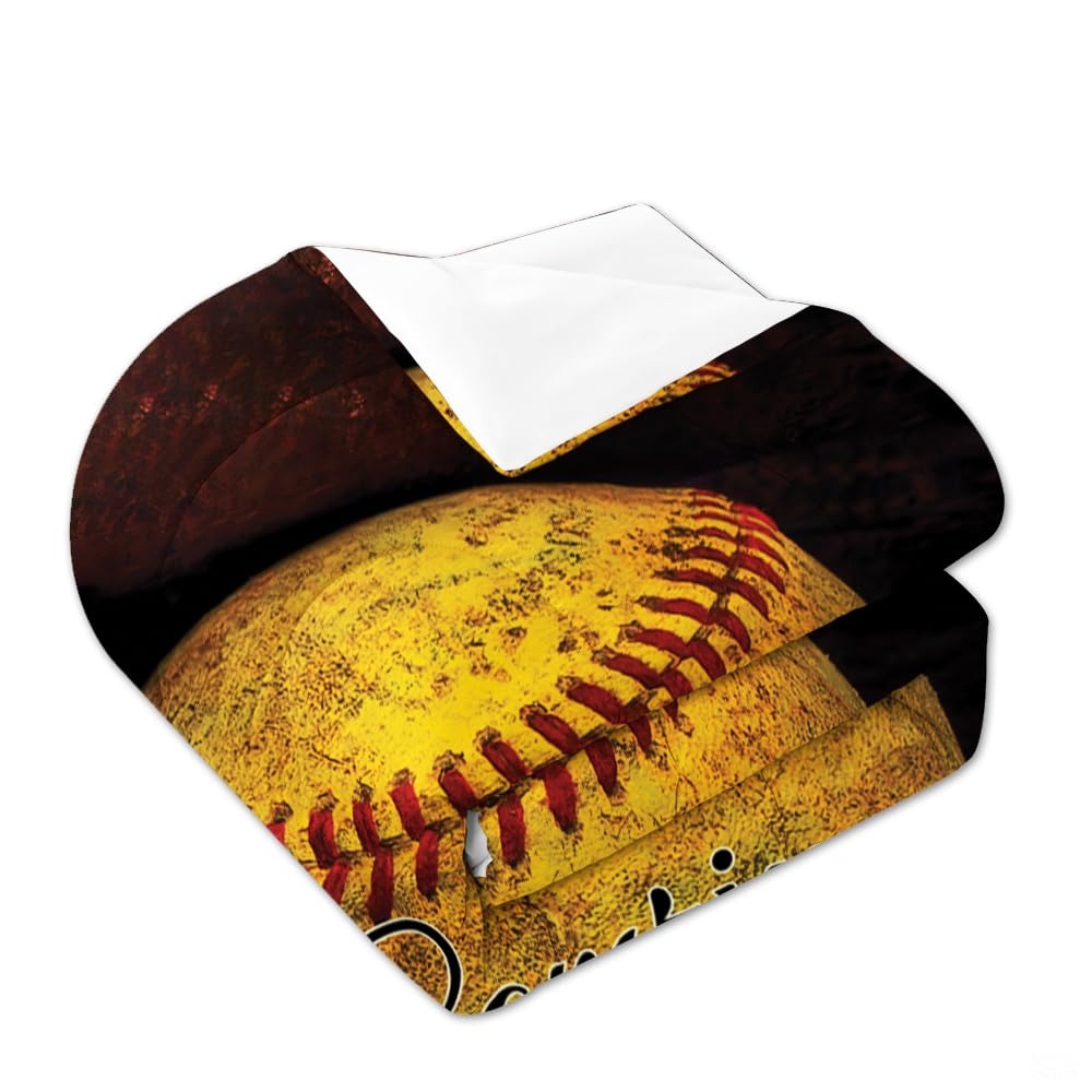 Softball-Themed Bedding for Girls and Women – Bright Teal Yellow Sports Comforter Set for Softball Lovers, Decorative Bedroom Set in Twin, Queen & King