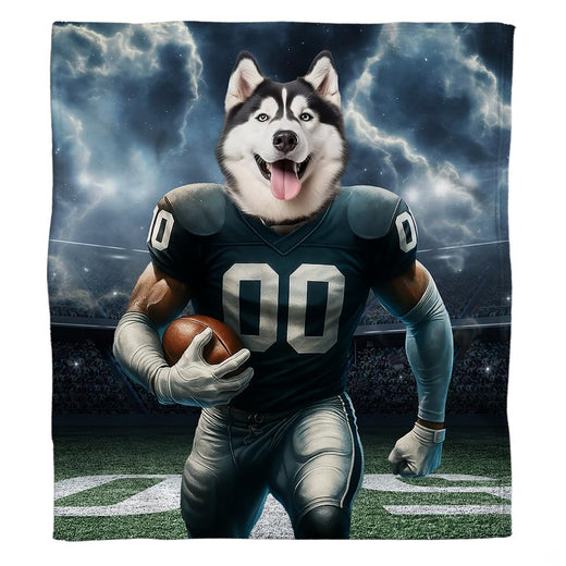 Husky dog football player sports throw blanket featuring an athletic husky carrying a football on a stadium field
