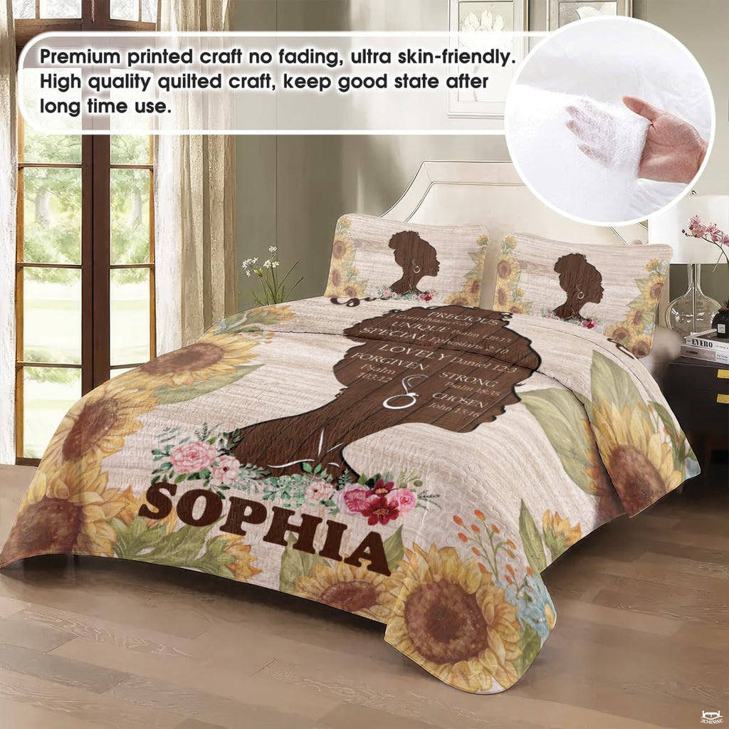 Woman bed set styled in bedroom showing floral artwork with sunflowers and roses