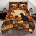 Copper sienna and walnut autumn maple leaf bedding set featuring harvest pumpkins and foliage in earthy patchwork tiles.