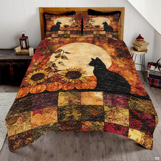 Copper sienna and walnut autumn maple leaf bedding set featuring harvest pumpkins and foliage in earthy patchwork tiles.