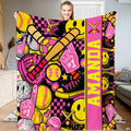 Front view of pink preppy softball throw blanket showing Y2K collage, smiley faces, and bats.