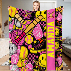 Front view of pink preppy softball throw blanket showing Y2K collage, smiley faces, and bats.