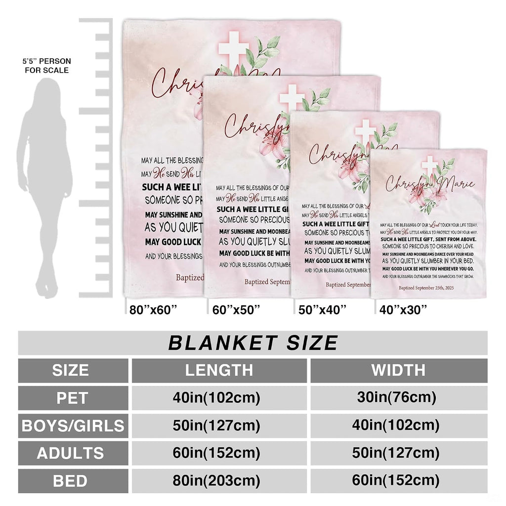 Full display of pink lily cross watercolor throw blanket laid flat on light wooden floor