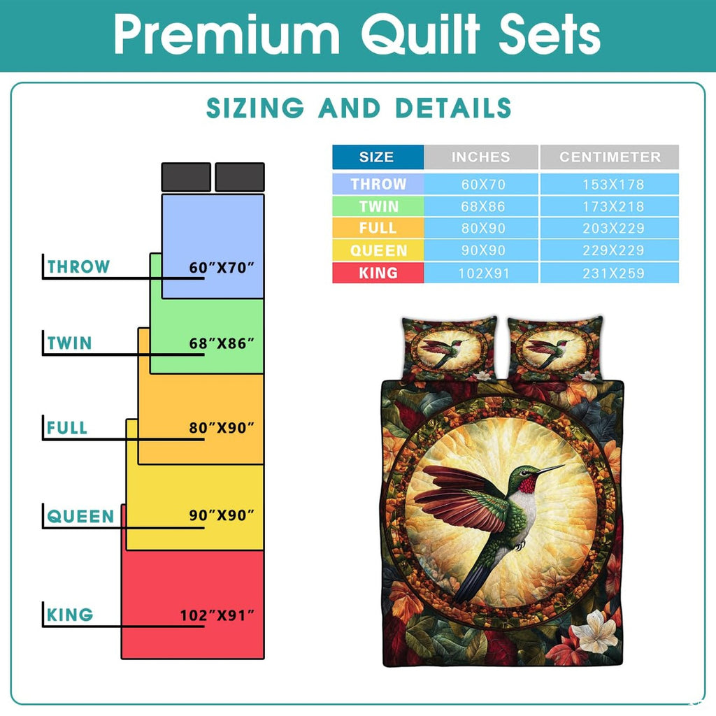 Hummingbird bedding design shown beside a sizing infographic