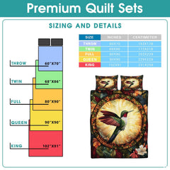 Hummingbird bedding design shown beside a sizing infographic