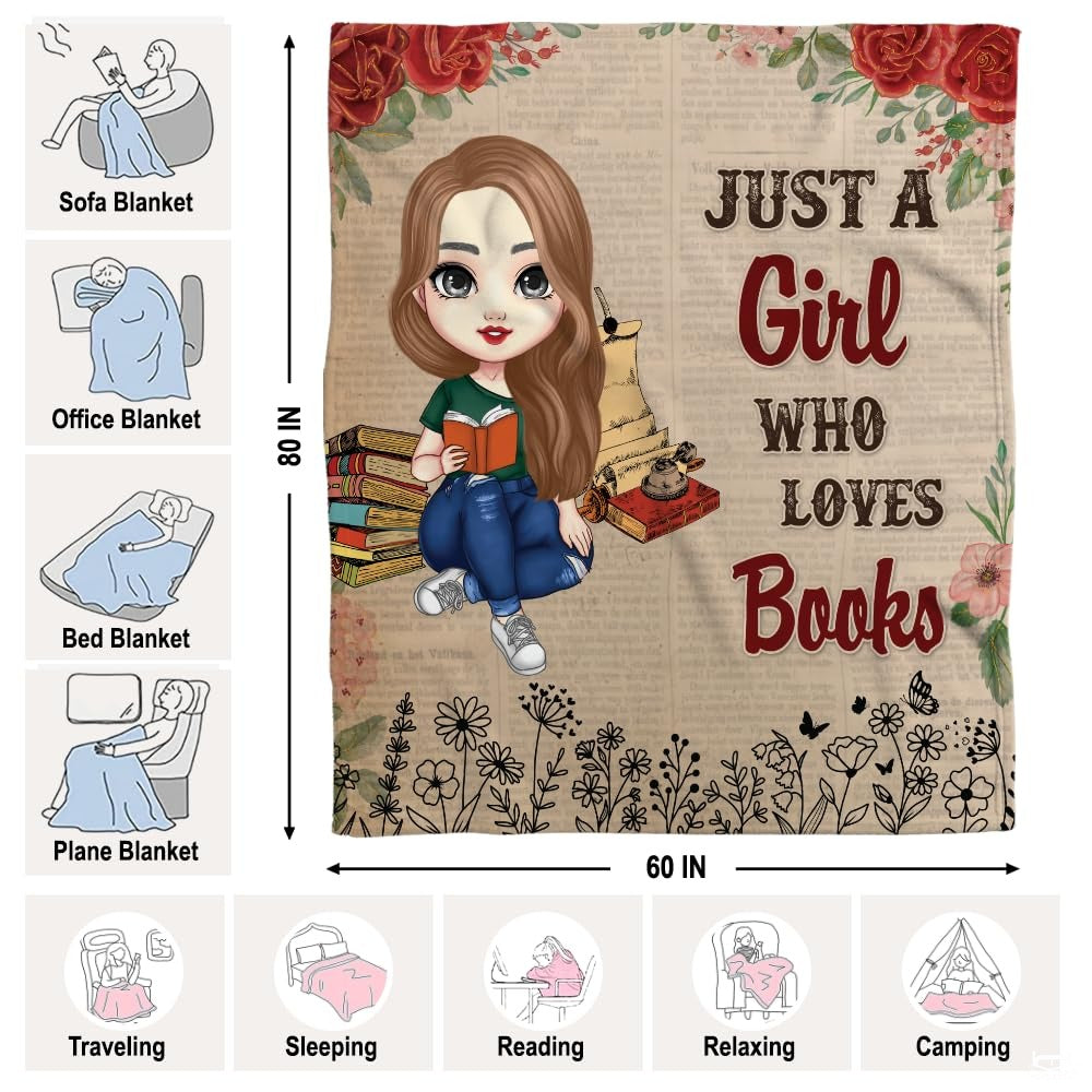 Personalized Brown Hair Girl Reading with Wildflowers Throw Blanket