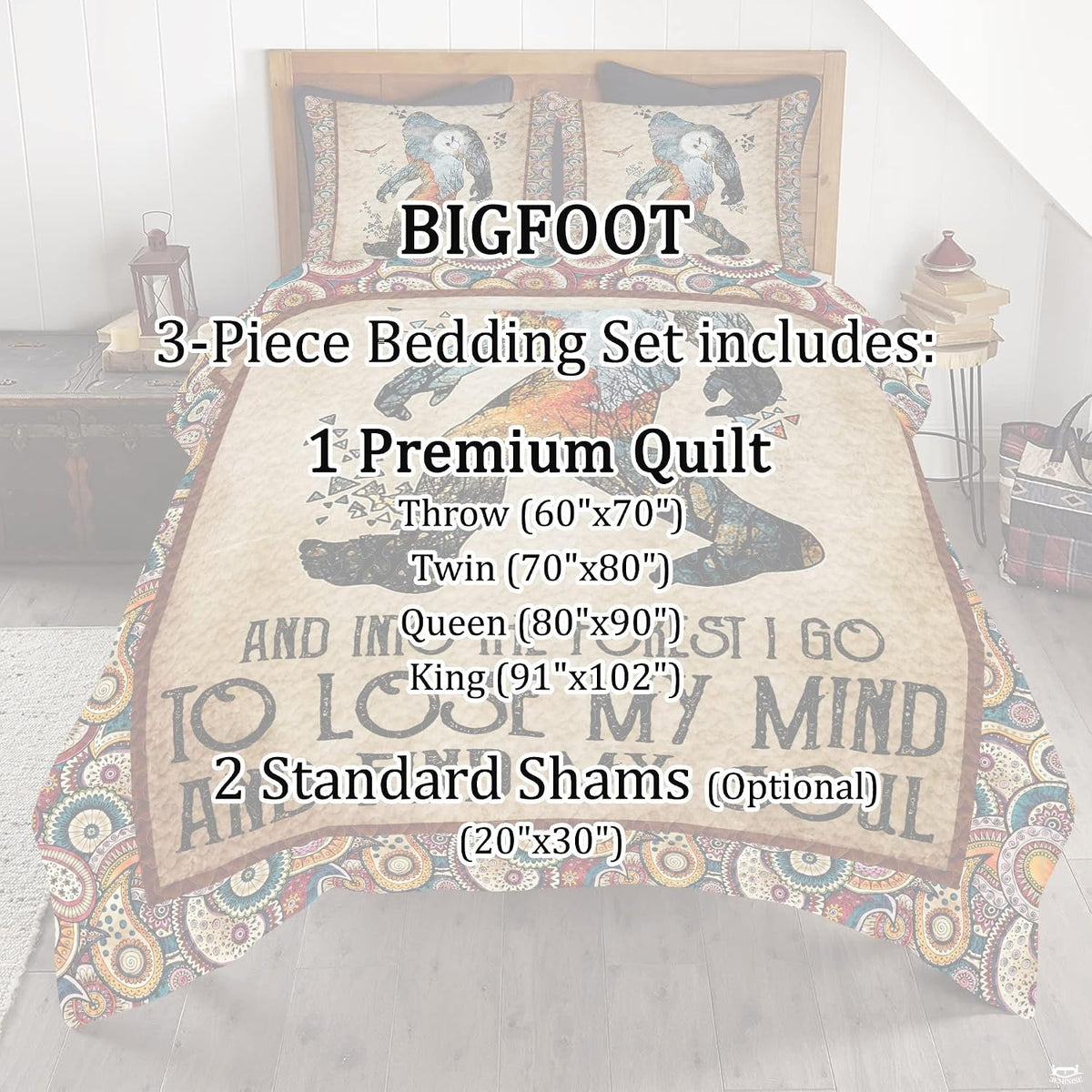 Full bedroom display of inspirational Sasquatch bedding styled with rustic cabin and lodge room decor