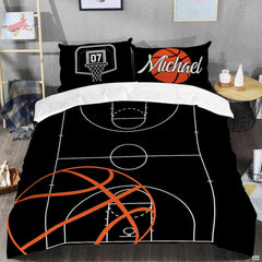 Close-up perspective of sports bedding detailing crisp court markings, key lines, and orange basketball ribs