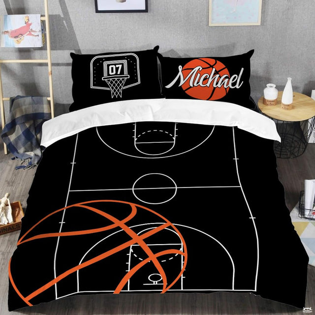 Close-up perspective of sports bedding detailing crisp court markings, key lines, and orange basketball ribs