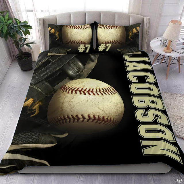 Vintage parchment baseball athletic sports bedding set displayed on a bed in a modern room