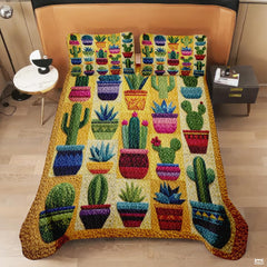 Personalized Vibrant Potted Cactus Garden Quilt Set, Machine Washable