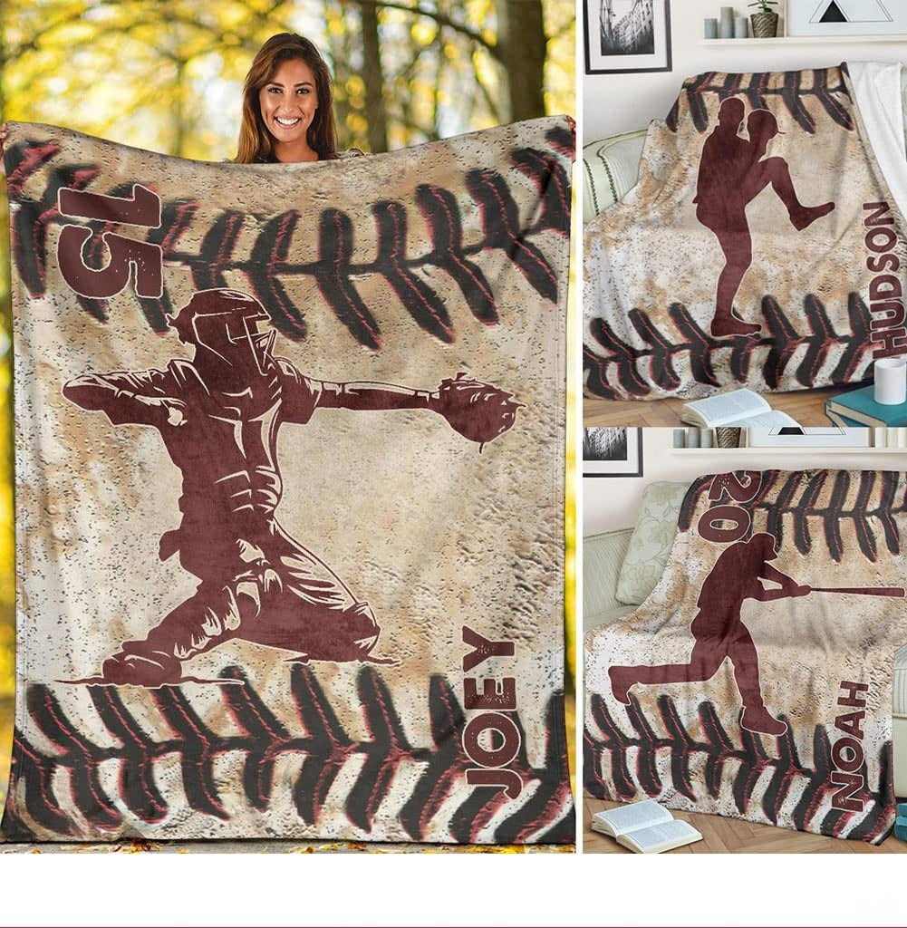 Custom Name Catcher Batter Baseball Baseball Throw, Baseball Blanket Gift Baseball Bedding Gift for Adult, Christmas New Years Gift for Baseball Player, Pitcher Gift (Baseball Design 21)
