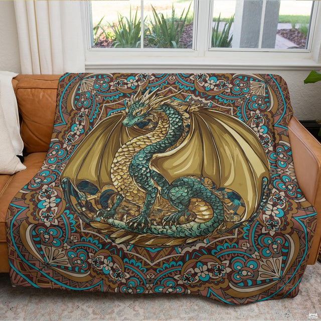 Close view of detailed dragon scale artwork and turquoise mandala flourishes on bedding set.