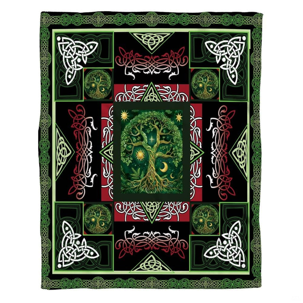 Detailed perspective of Norse knotwork borders and corner triquetra symbols on Celtic tree bedding.