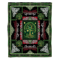 Detailed perspective of Norse knotwork borders and corner triquetra symbols on Celtic tree bedding.