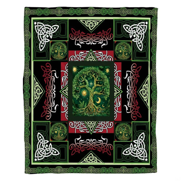 Detailed perspective of Norse knotwork borders and corner triquetra symbols on Celtic tree bedding.