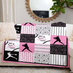 Fastpitch athlete patchwork textile laid flat showing pink and black tiles