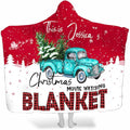 Vintage turquoise truck and pine trees print on crimson winter bedding set.