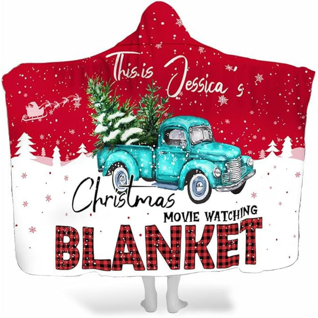 Vintage turquoise truck and pine trees print on crimson winter bedding set.