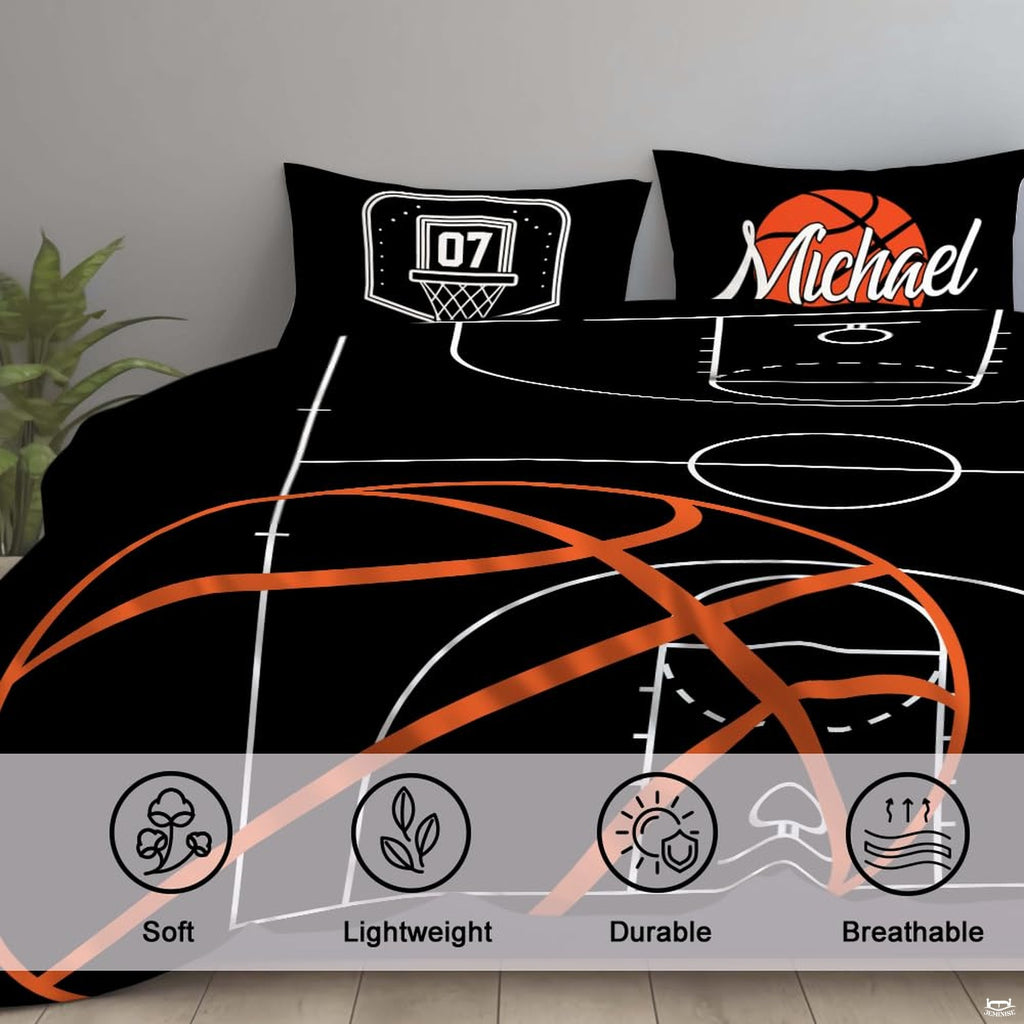 Corner angle view of athletic bedding highlighting sharp contrast of white lines against deep black ground