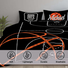 Corner angle view of athletic bedding highlighting sharp contrast of white lines against deep black ground