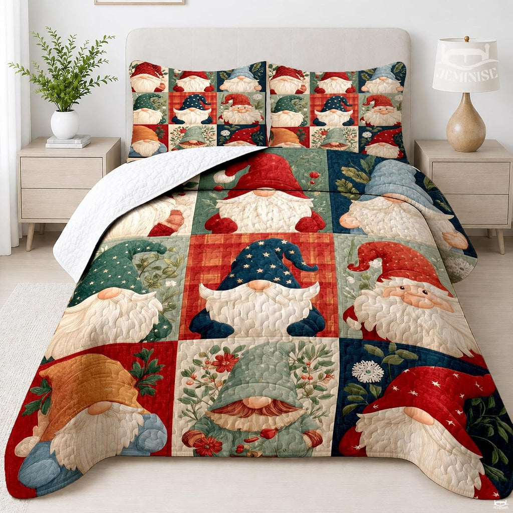Christmas gnome bedding featuring patchwork holiday squares with festive tomte, holly berries, and pine foliage.