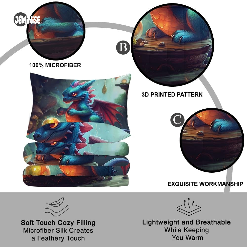 Jeminise Cute Baby Dragon Comforter Set, Fantasy Bedding