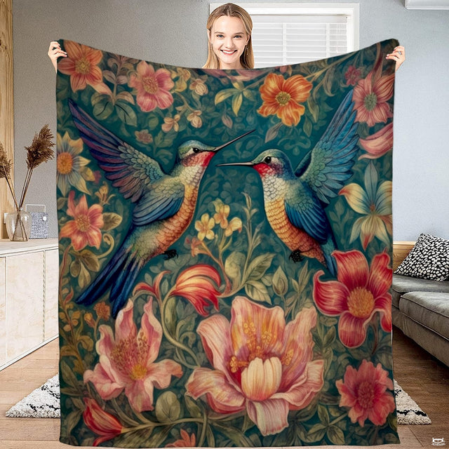Vintage floral bird bedding set featuring two hummingbirds amidst blooming flowers on deep teal.