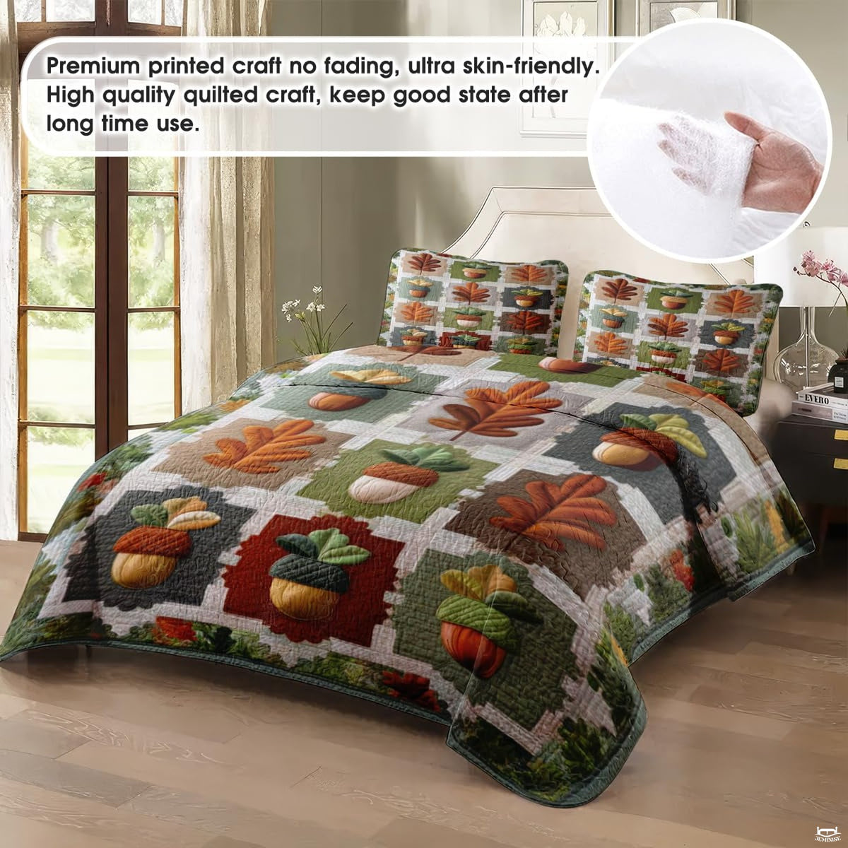 Top-down view of oak leaf bedding set highlighting olive green foliage details and golden amber patchwork borders.