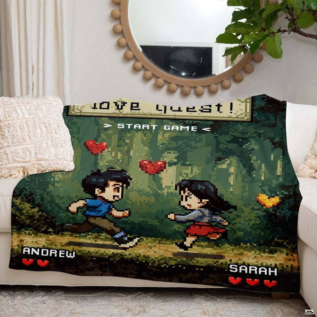 16-bit pixel art couple running on forest path with floating hearts, view 4.