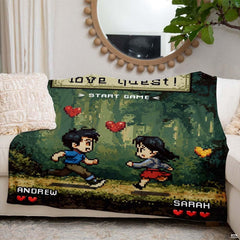 16-bit pixel art couple running on forest path with floating hearts, view 4.