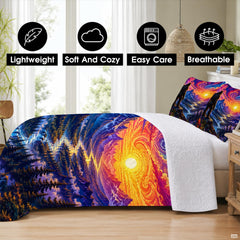 Matching pillow shams displaying a swirling sunset sky and river valley on an artistic bedding set