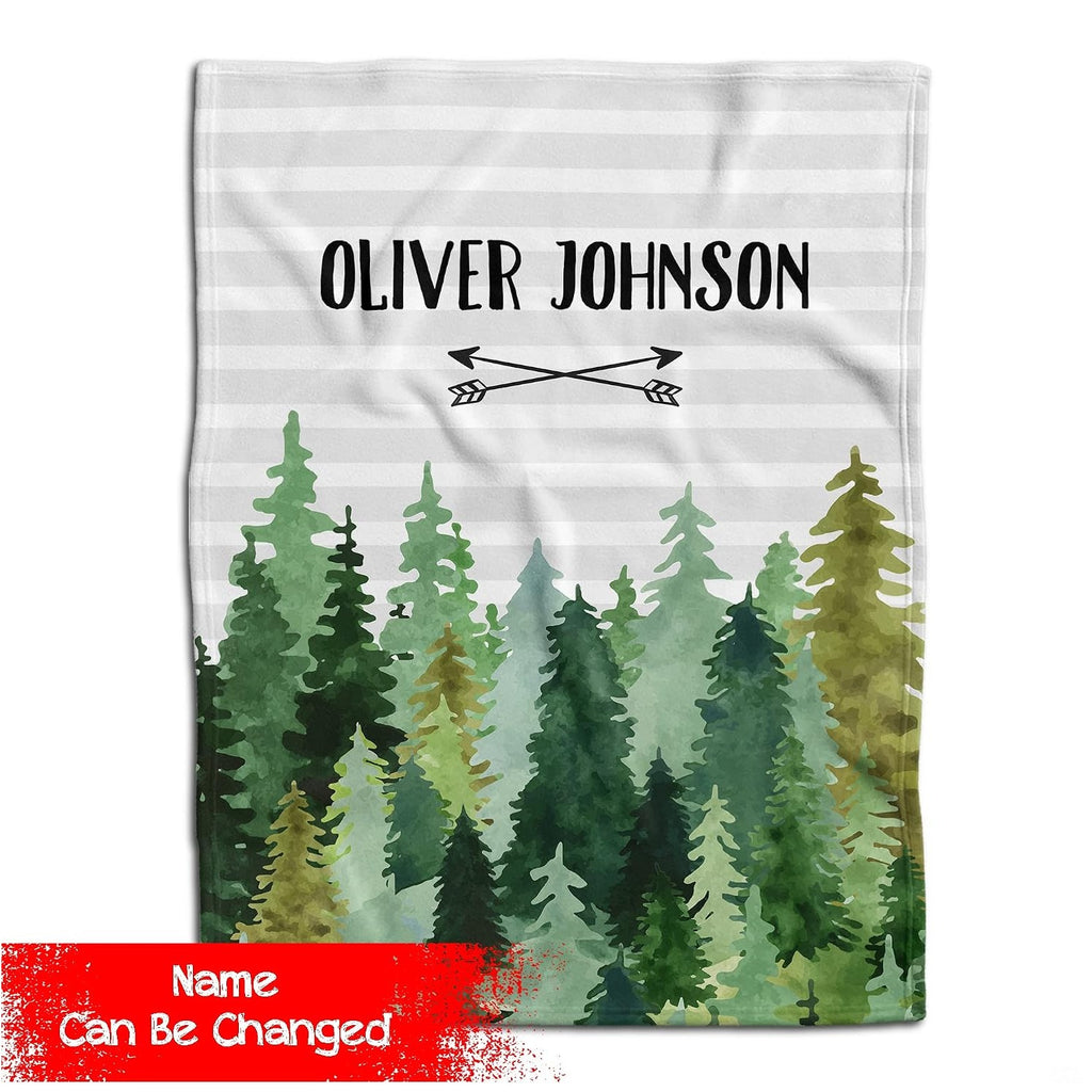Woodland pine tree and crossed arrows graphic piece with bottom banner highlighting name placement.