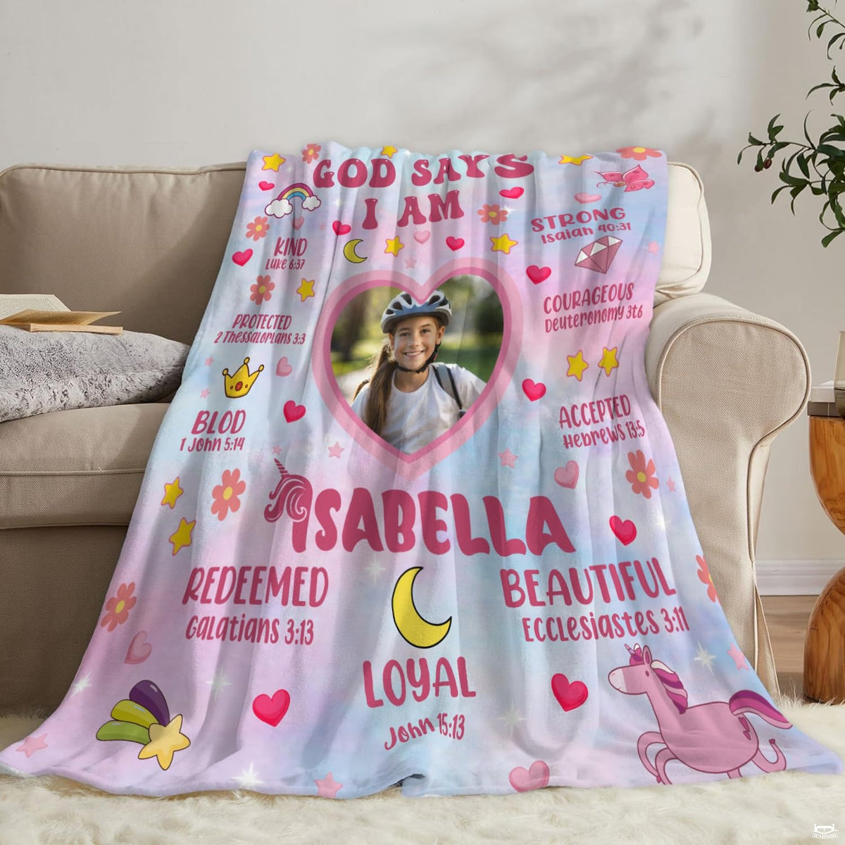 Christian faith artwork blanket folded on bedroom armchair