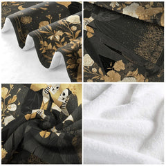 Lifestyle display of Victorian gothic wedding throw blanket layered in a bedroom