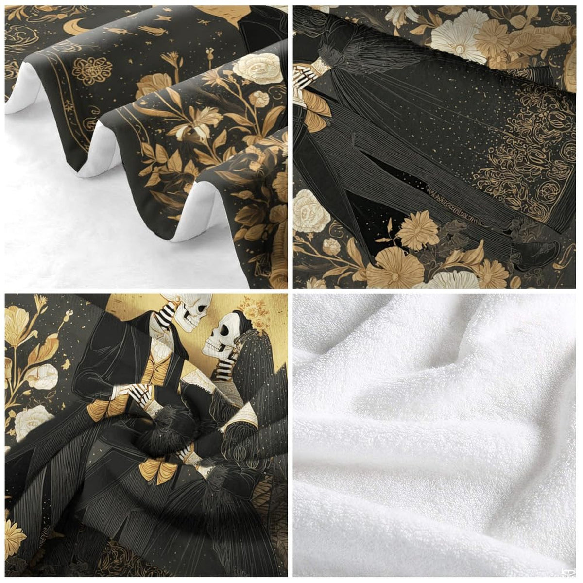 Lifestyle display of Victorian gothic wedding throw blanket layered in a bedroom