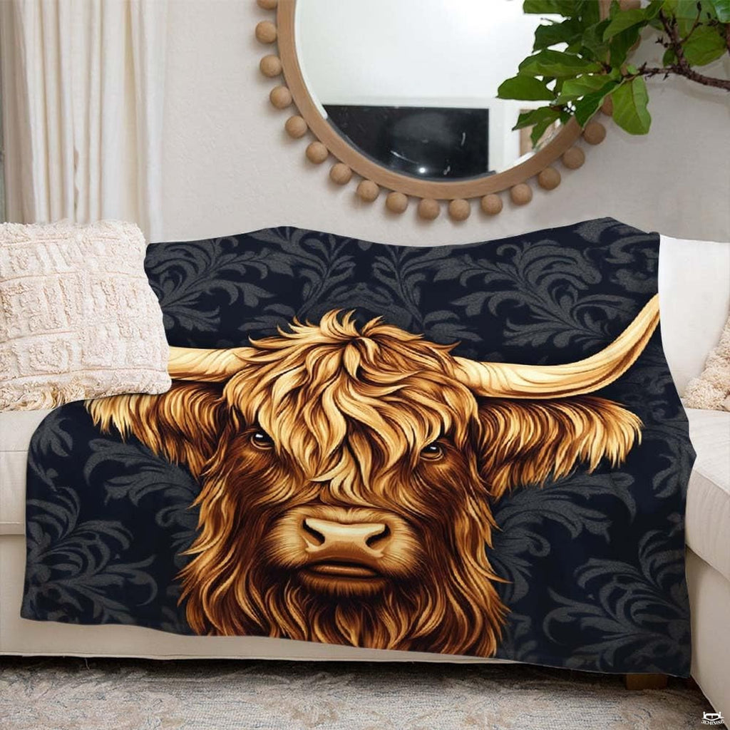 Scottish Highland cow portrait with sweeping horns against charcoal black damask pattern, view 5.