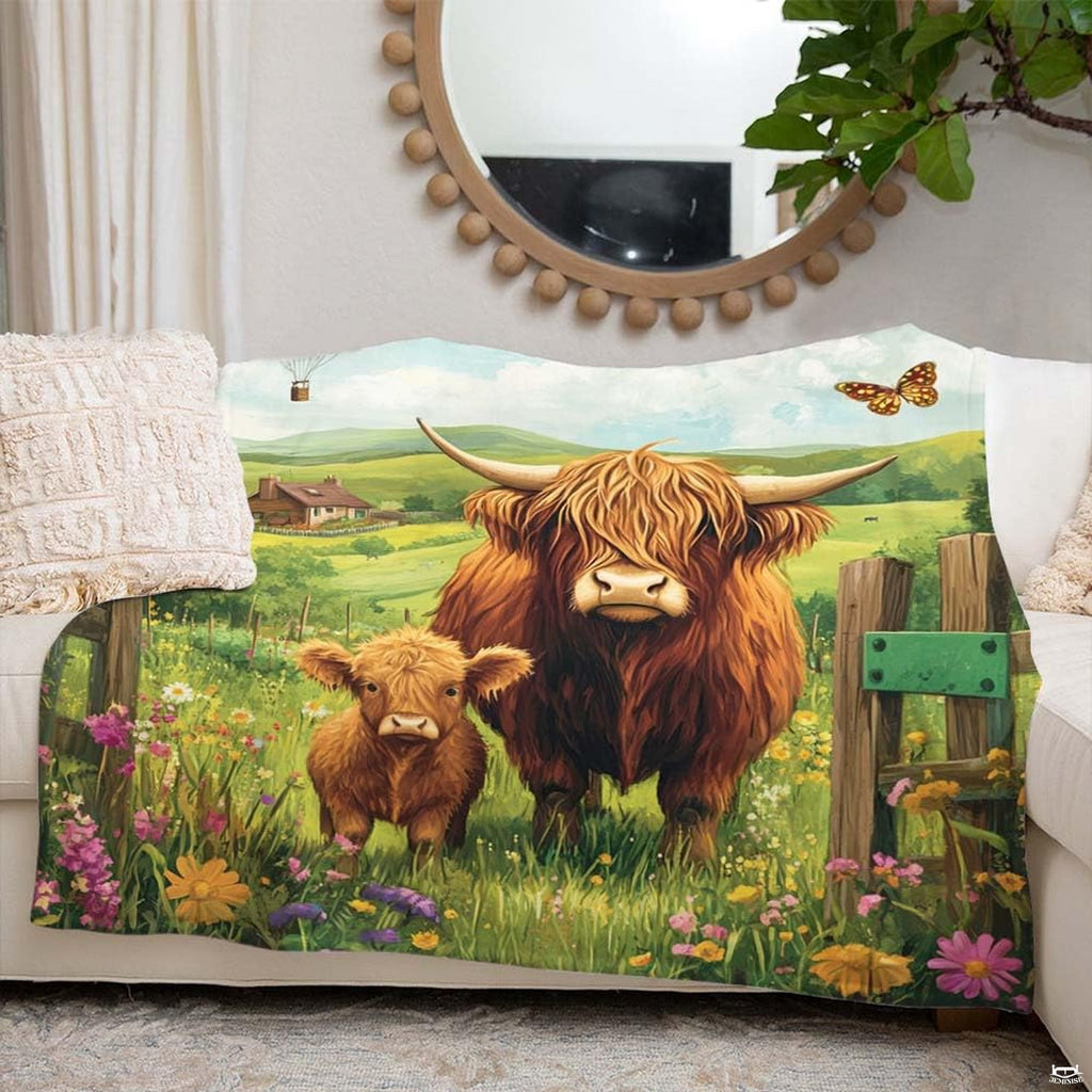 Pastoral painting of Highland cow and calf in wildflower field with hot air balloon, view 5.