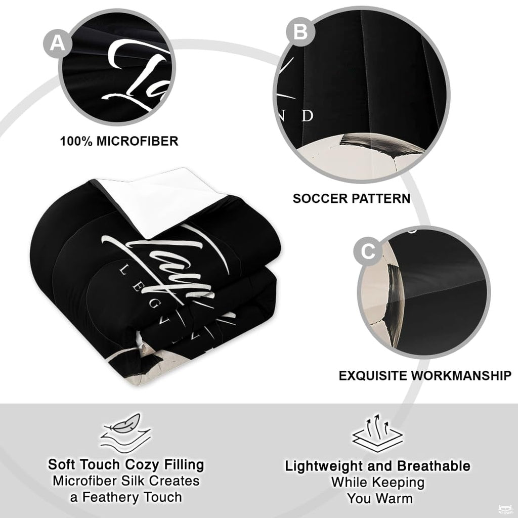 Overhead view of black soccer legend bedding spread across a contemporary youth bed