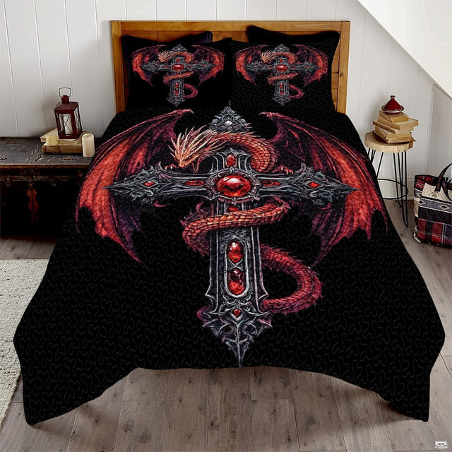 Gothic fantasy red dragon entwined around an ornate Celtic cross with ruby gems on bedding.