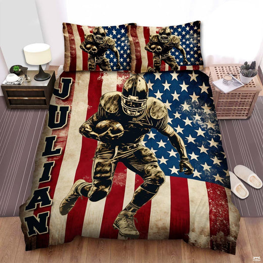 Football bedding displaying illustrated runner sprinting with ball against distressed vintage American flag
